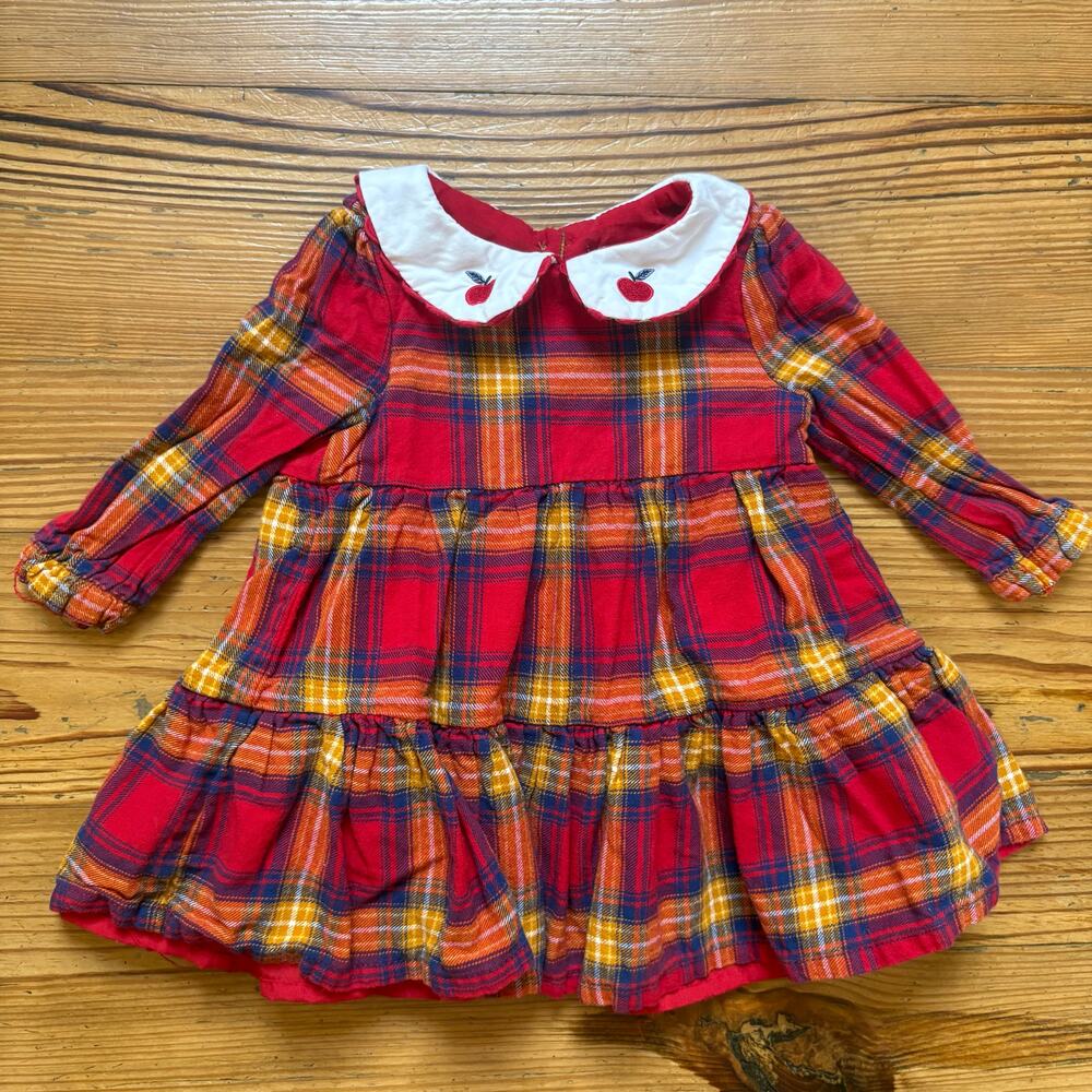 Tahari red plaid apple embroidered collar long sleeve baby dress SIZE 3-6M‎